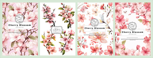 Set of Elegant Cherry Blossom, Realistic Vector Illustrations of Flowers, Leaves, and Plants for Backgrounds, Patterns, and Wedding Invitations.