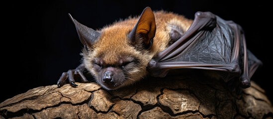 A bat brown in color rests on a tree s bark With copyspace for text