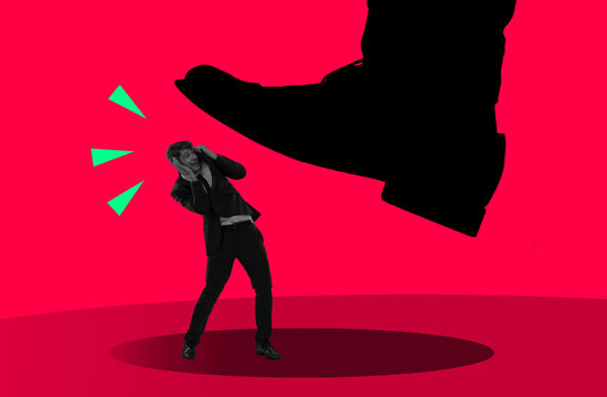 Foot crush man, fear and illustration for art, unfair taxes and corporate oppression by red background. Business owner, entrepreneur and pressure for compliance, shoes stomp or creativity with danger
