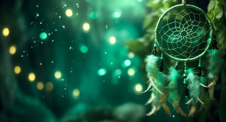  A green dream catcher on green bokeh background. Spiritual symbolism. 