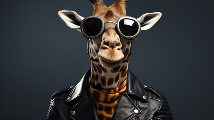 Portrait of a cool giraffe in a leather jacket.