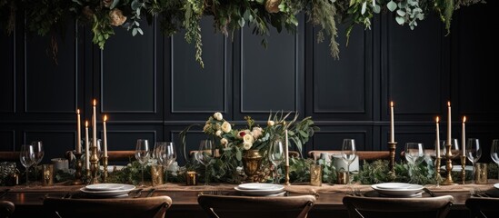 Elegant wedding table adorned with eucalyptus branches and gold geometric decor on a wooden rustic table With copyspace for text