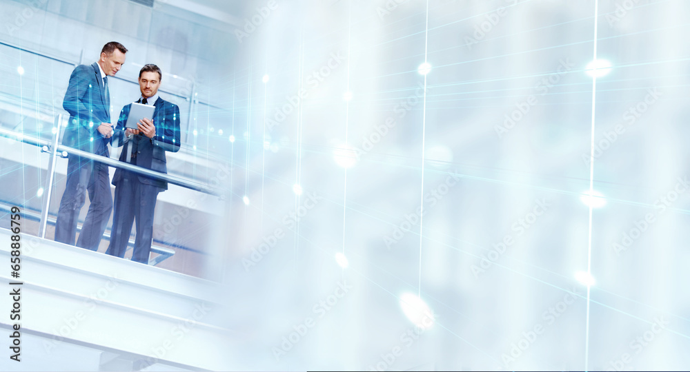 Aufkleber Business people, overlay and tablet with collaboration and mockup space with app and teamwork. Office, employee and networking with technology of entrepreneur and professional with online work