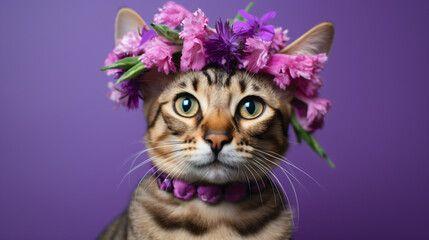 Naklejka na ściany i meble Portrait of an adorable Bengal cat in a flower crown.
