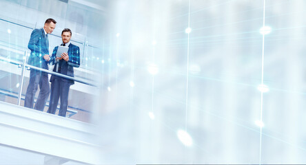 Business people, overlay and tablet with collaboration and mockup space with app and teamwork. Office, employee and networking with technology of entrepreneur and professional with online work