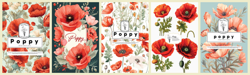 Set of Elegant poppy, Realistic Vector Illustrations of Flowers, Leaves, and Plants for Backgrounds, Patterns, and Wedding Invitations.