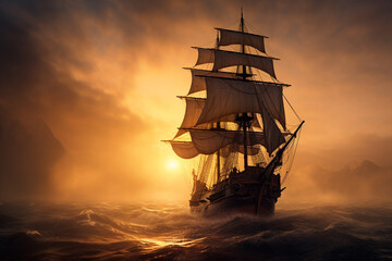 Epic Odyssey: Ship Sailing the Ocean of Clouds and Battling Fiery Tempests, Rendered with Realism, Fantasy Elements, and Dramatic Lighting