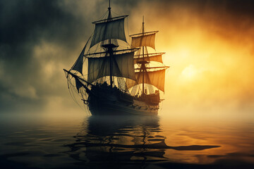 Obraz premium Epic Odyssey: Ship Sailing the Ocean of Clouds and Battling Fiery Tempests, Rendered with Realism, Fantasy Elements, and Dramatic Lighting