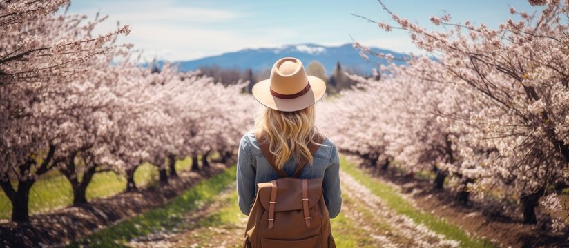 Blond woman tourist stands amidst blooming cherry trees in organic farm enjoying springtime sunlight With copyspace for text