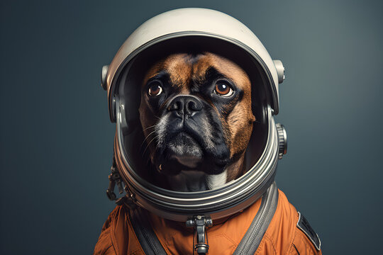 Astronaut Dog Portrait Isolated On Blue Background