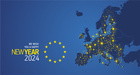 We wish you a Happy New Year 2024 Europe yellow stars flag Christmas energy light sparkler firework over EU map blue background - obrazy, fototapety, plakaty