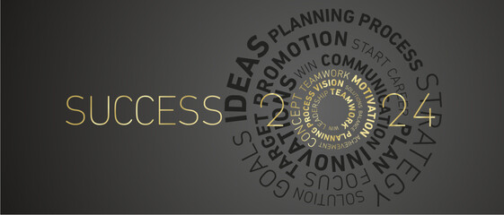 Success 2024 New Year abstract wheel golden circle word cloud text bold light typography black greeting card banner