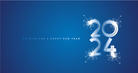 We wish You Happy New Year 2024 event silver glass modern design numbers with sparkler firework on blue color background greeting card