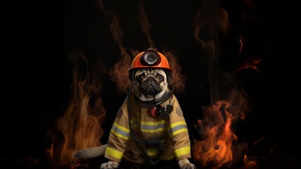 Fire fighting adorable Pug dog