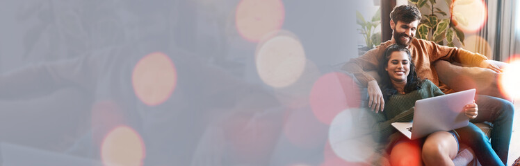 Banner, happy couple and a laptop on the sofa for a movie, internet or laughing at a meme. Smile,...