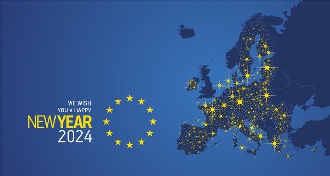 We wish you a Happy New Year 2024 Europe yellow stars flag Christmas energy light sparkler firework over EU map blue background