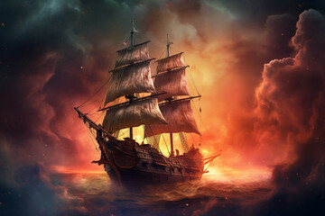Obraz premium Epic Odyssey: Ship Sailing the Ocean of Clouds and Battling Fiery Tempests, Rendered with Realism, Fantasy Elements, and Dramatic Lighting
