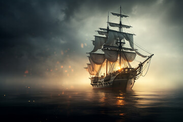 Obraz premium Epic Odyssey: Ship Sailing the Ocean of Clouds and Battling Fiery Tempests, Rendered with Realism, Fantasy Elements, and Dramatic Lighting