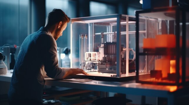 Engineer prints a prototype model on a 3d printer in a laboratory using equipment. The concept of creativity, technology and 3d printing.