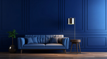 View of room space with deep blue sofa set. Blue wall.




