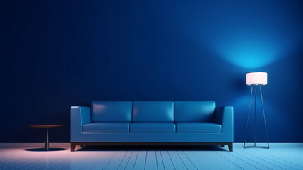 View of room space with deep blue sofa set. Blue wall.




