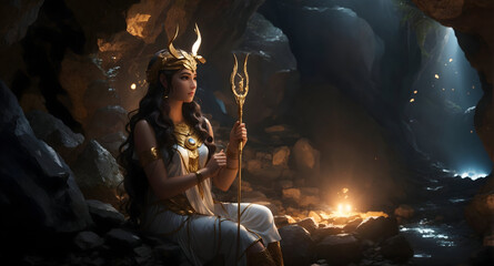 Artemis goddess statue in the cave.The goddess of wild animals. 