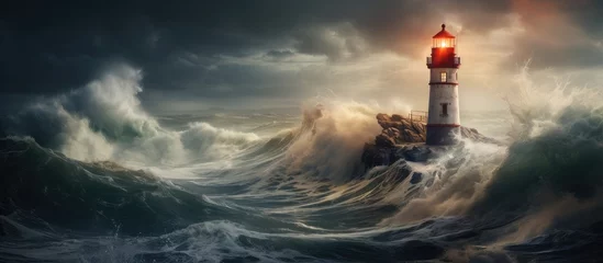Fototapeten Stormy sea with tall lighthouse With copyspace for text © 2rogan