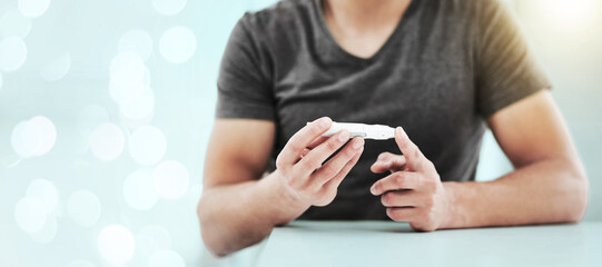 Diabetic, hand and blood test for sugar on banner with bokeh, overlay and mockup for medicine....