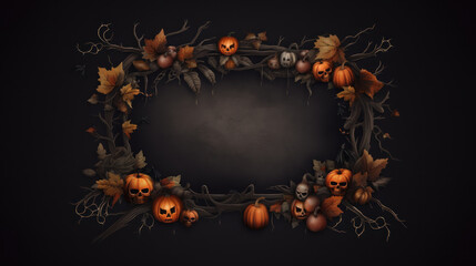 Halloween frame background with copy space for any text. Pumpkins, skulls, bats and scary elements. Halloween, witchcraft and magic concept.