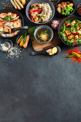 Assortment of asian traditional dishes. Asian food.