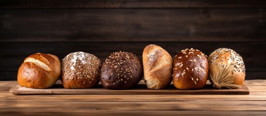 Multi grain bread rolls arranged on a rustic wooden table With copyspace for text
