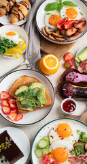 Healthy breakfast eating concept, various morning food on light background
