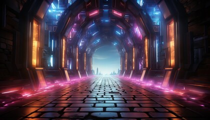 3D render of a hexagonal neon portal in a virtual reality environment with glowing lines in the pink blue yellow spectrum and vibrant colors