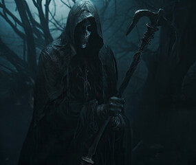 Halloween background. nightmarish silhouette of death in a cloak and a dark hood. Undead in a scary mystical forest. The concept of Halloween, witchcraft and magic.