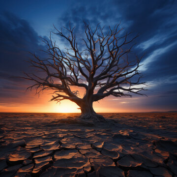 Dry tree in the middle of the desert under sunset