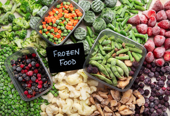 A set of foods for the winter. Various of frozen vegetables and berries