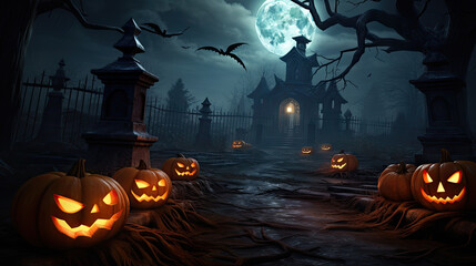 Fototapeta premium Halloween background. Pumpkins, skulls, bats and scary elements. The concept of Halloween, witchcraft and magic.