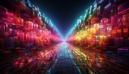 3D render of a hexagonal neon portal in a virtual reality environment with glowing lines in the pink blue yellow spectrum and vibrant colors