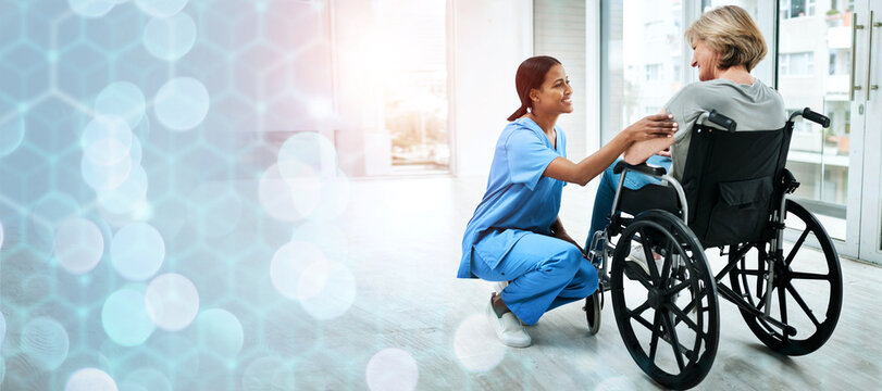 Patient with disability, nurse and advice in hospital for healthcare, wellness and medicare. Medical professional, bokeh and overlay in mockup, physiotherapy and happy for discussion or consulting