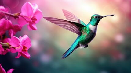 Fototapeta premium a hummingbird flying next to a pink flower