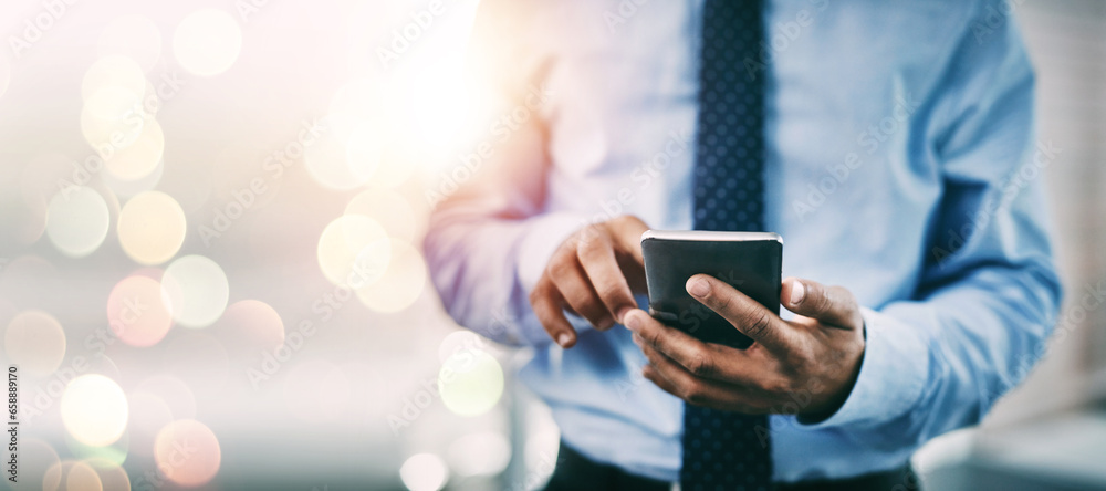 Poster businessman, phone and hands typing for networking or communication on bokeh background at office. c
