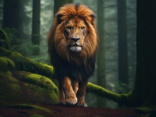 a lion walking in the woods