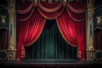 a red and green curtain with gold trim
