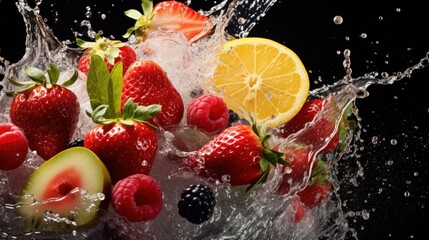 a group of fruits splashing into water