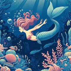 Fototapeta na wymiar . Underwater scene with mermaid and seahorse. Generated by AI
