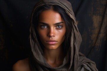 a woman with a scarf on her head