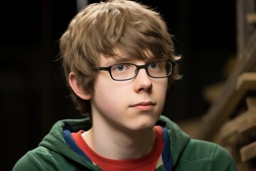 a boy wearing glasses and a green jacket