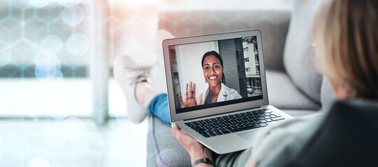 Doctor, video call and consult on laptop for communication on banner, bokeh and overlay in mockup...