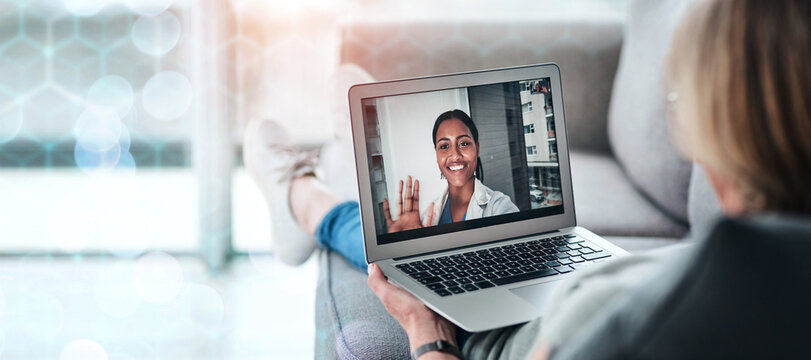 Doctor, video call and consult on laptop for communication on banner, bokeh and overlay in mockup for medicare. People, face and talk in hospital for health, patient and telehealth consulting