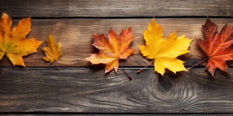 a group of yellow and orange leaves on a wood surface